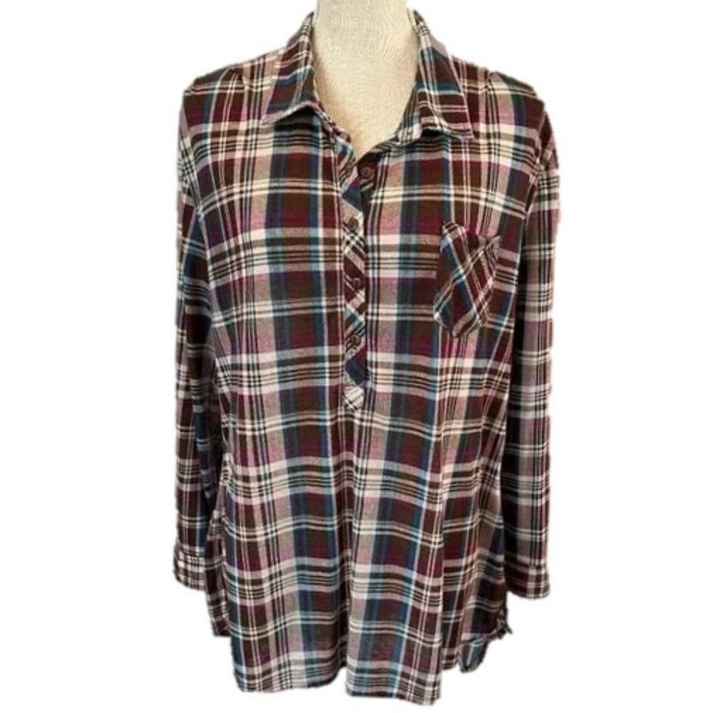 GREAT NORTHWEST INDIGO High Low Plaid Top